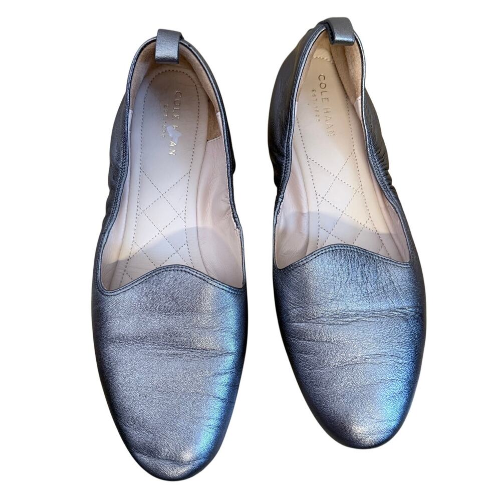 COLE HAAN pewter silver metallic gray 100% leather flex loafer flats